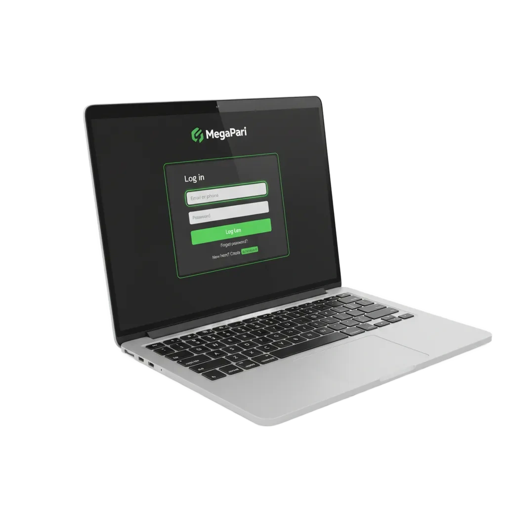 شاشة تسجيل الدخول إلى MegaPari في مصر على الهاتف والويب مع حقول بريد/هاتف وكلمة مرور وخيار المصادقة الثنائية