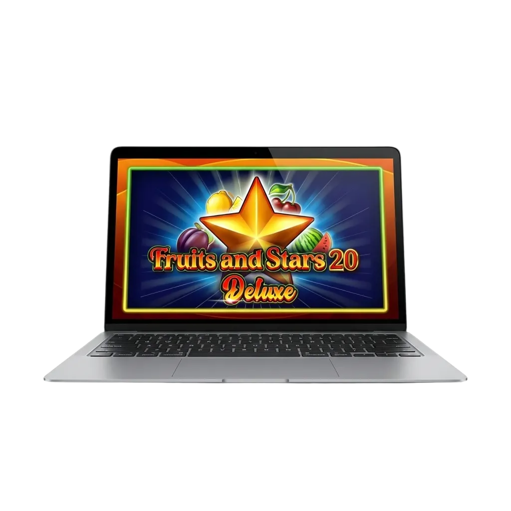 واجهة لعبة فروتس آند ستارز 20 ديلوكس على MegaPari مع رموز فواكه ونجوم وخلفية كازينو بسيطة